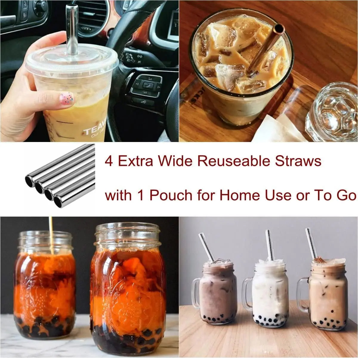 Extra Wide Reusable Metal Drinking Straws for Milkshake Smoothie