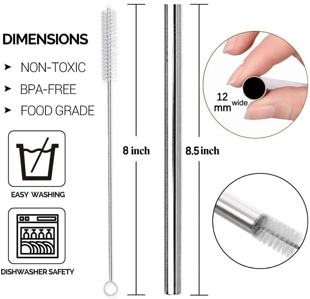 Extra Wide Reusable Metal Drinking Straws for Milkshake Smoothie